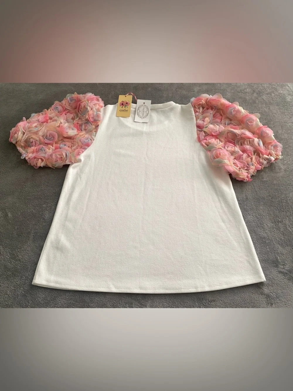Entro White Textured Top Pink Floral Puff Sleeves Size L NWT - Picture 2 of 14